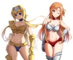 alice_schuberg alluring armor armored_boots asuna_(sao) auburn_hair belt blonde_hair blue_eyes boots brown_hair chestplate female_abs hairband pangjelly pauldrons shoulder_armor sword_art_online