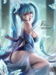  1girl ass blue_hair fantasy huge_ass league_of_legends long_hair mumeaw sideboob sitting sona sona_buvelle 