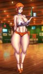 1girl aged_up bemannen ben_10 cartoon_network choker cleavage female green_eyes gwen_tennyson heels high_heels hooters hooters_uniform huge_breasts orange_hair parody thick_thighs thong thunder_thighs underwear wide_hips