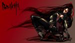 1girl bayonetta bayonetta_(character) big_breasts black_catsuit black_hair boob_window breasts catsuit cleavage cleavage_cutout female glasses guns hair long_hair ponytail solo squatting