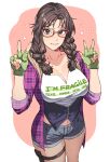 1girl alluring big_breasts brown_hair clothes_writing denim_shorts double_v fingerless_gloves glasses hanny_(uirusu_chan) julia_chang long_hair looking_at_viewer namco pink_shirt plaid_shirt red-framed_glasses shorts smile tekken tekken_7 thigh_holster twin_braids v