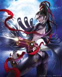 1girl arm_behind_back ass bayonetta bayonetta_(character) black_catsuit black_hair catsuit female glasses green_eyes guns hair_ribbons hetero long_hair looking_behind moon night outside ponytail solo