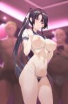 1girl 1girl 2boys bangs big_breasts black_hair blurry blush bra breasts cleavage clothing floral_print hair_ornament hair_ribbon high_resolution hiiragi_yuuichi indoors long_hair looking_at_viewer male multiple_boys nipples open_mouth original panties parted_bangs parted_lips ponytail pubic_hair purple_eyes pussy ribbon sailor_collar shiny shiny_hair shirt sidelocks solo_focus tied_hair underwear undressing very_long_hair white_bra white_panties white_ribbon white_shirt white_underwear