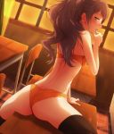  1girl arm_support ass atlus black_legwear blush bra brown_hair classroom dark_persona desk dutch_angle earrings female finger_to_mouth from_behind hairu highres jewelry kujikawa_rise long_hair looking_at_viewer looking_back naughty_face on_desk panties persona persona_4 ponytail profile shadow_(persona) sitting sitting_on_desk solo spread_legs thighhighs underwear underwear_only wedgie yellow_bra yellow_eyes yellow_panties 