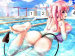 1girl :d ass barefoot chain-link_fence cloud demon_tail fang feet fence from_behind kickboard lane_line long_hair long_tail looking_back nana_asta_deviluke nude open_mouth outside partially_submerged pink_eyes pink_hair pool pov_feet sideways_mouth smile soles spade_tail starting_block sunbeam sunlight swimming tail to_love-ru to_love-ru_darkness toes twin_tails xyomouse