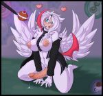 1girl 2014 abs absol anthro anthrofied areolae blue_eyes blush breasts cum erection female female_only food futanari heart large_breasts large_penis mega_absol mega_evolution muscular navel nintendo nipples nude open_mouth penis pokemon precum shyama solo video_games wings wyntersun