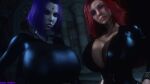 1girl 1girl 2_girls 3d agents_of_shield big_breasts black_widow breasts cambion clothing crossover dc_comics dc_comics demon demon_girl drakepowers female_focus female_only forehead_jewel grey_skin half_demon hourglass_figure huge_breasts human humanoid looking_at_viewer lower_body marvel marvel_comics purple_hair raven_(dc) red_hair shirt spy superhero superheroine teen_titans thick_legs thick_thighs thighs upper_body wide_hips