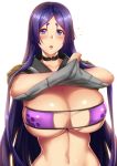  1girl bangs bikini blush breasts choker cleavage fate/grand_order fate_(series) huge_breasts long_hair looking_at_viewer megatama minamoto_no_raikou_(fate) navel open_mouth parted_bangs parted_lips purple_bikini purple_eyes purple_hair school_uniform serafuku shirt_lift swimsuit 