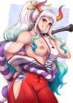 1girl 1girl 1girl armpits bare_arms bare_shoulders blue_hair breasts clenched_teeth clothing club earrings evomanaphy exposed_breasts eyelashes female_only gradient_hair green_hair grin hair_ornament hair_stick hakama hand_on_hip high_ponytail high_resolution hip_vent holding holding_weapon horns jewelry kimono long_hair looking_at_viewer medium_breasts multicolored_hair multicolored_horns muscle muscular_female nipples off_shoulder one_piece oni orange_eyes over_shoulder partially_clothed ponytail red_horns robe rope shimenawa sleeveless sleeveless_kimono smile standing teeth tied_hair very_high_resolution wafuku weapon weapon_over_shoulder white_hair yamato_(one_piece)