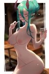  1girl 1girl 1girl big_breasts border breasts cleavage cowboy_shot cup demon_girl green_hair hair_bun high_resolution holding holding_cup holding_object holding_pen horns indoors looking_at_viewer megane nanoless navel nipples nude one_eye_closed original outside_border pen pointed_ears semi-rimless_eyewear serena_(nanoless) short_hair_with_long_locks sideboob sitting smile tied_hair under-rim_eyewear white_border 