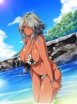  big_breasts bikini bracelet breasts cleavage dark_skin fingernails ganguro green_eyes highres hips huge_breasts ishii_akira jewelry long_fingernails long_hair long_nails lots_of_jewelry nail_polish original print_bikini silver_hair smile solo swimsuit 