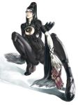 1girl bayonetta bayonetta_(character) black_catsuit black_hair boob_window catsuit cleavage_cutout female glasses guns hair hetero long_hair ponytail solo