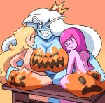 1girl 3_girls adventure_time ass_grab blonde_hair blue_skin bodypaint canon_genderswap cartoon_network crown female_only fionna_the_human genderswap halloween hands_on_ass ice_queen jack-o'-lantern long_hair nude nude_female pink_hair pink_skin princess_bubblegum pumpkin_breasts pumpkin_butt superspoe thick thick_ass white_hair