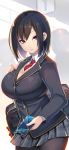 1girl black_hair blazer bob_cut breasts cellphone holding large_breasts leggings looking_at_viewer neck_tie original parted_lips phone pleated_skirt purple_eyes school_uniform shiki_(psychedelic_g2) short_hair skirt