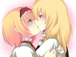 2_girls 2girls alice_margatroid art babe blonde blonde_hair blue_eyes blush braid clothes_grab couple eye_contact face female french_kiss hairband harano hug kirisame_marisa kiss kissing long_hair looking_at_another multiple_girls no_hat no_headwear open_mouth orange_eyes profile short_hair touhou yellow_eyes yuri