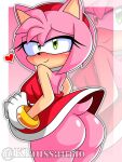 1girl 1girl amy_rose ass blush cute_ass exposed_ass exposed_butt female_only furry_female gloves green_eyes heart hedgehog hedgehog_ears hedgehog_girl klaussaurio nice_ass no_panties pink_hair pink_skin red_dress sega sega sonic_the_hedgehog_(series) tagme twitter twitter_username white_gloves