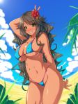 1girl arm_behind_back beach big_breasts bikini blush breasts brown_hair bunny_ears_gesture cleavage cloud cloudy_sky dark_skin erect_nipples fisheye flower flower_on_head green_eyes grey_hair grin hair_flower hair_ornament hibiscus highleg highleg_bikini highleg_swimsuit highres hips ishii_akira large_breasts long_hair nail_polish navel original skindentation sky smile solo swimsuit tan v