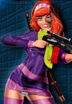  daphne_blake dress gun hanna-barbera not_porn orange_hair panties purple_clothes redhead scarf scooby-doo sheath shotgun stockings sword weapon 