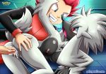 1boy 1girl ass ass_grab bbmbbf black_fur breasts cum cum_inside cum_outside furfrou grey_fur lance_(pokemon) male/female nintendo orgasm palcomix penis pokemon pokepornlive pussy pussy_juice red_eyes vaginal