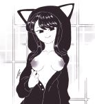  1girl 2019 breasts hood inkerton-kun komi-san_wa_komyushou_desu komi_shouko looking_at_viewer monochrome nipples onesie smile undressing 