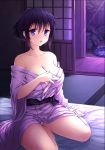  breasts hair japanese_clothes kimono kimono_pull large_breasts looking_at_viewer neck night off_shoulder on_bed open_mouth original panties pantyshot pantyshot_(sitting) parted_lips purple_hair short_hair shy sitting solo tatami underwear wariza yokozuwari 