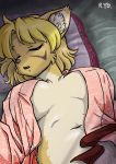 al_(ryou) bed blush breast_grab breast_squeeze breasts canine clothing dog female fur furry gif hair looking_at_viewer lying mammal navel nipples on_back open_shirt original pillow ryou shirt sleeping solo sweat