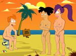 amy_wong areolae black_hair breasts futurama navel nipples nude orange_hair philip_j._fry purple_hair spider-matt standing text toes turanga_leela