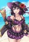  1girl 1girl 1girl alluring alternate_costume beach bikini bikini_skirt black_bikini black_fur black_swimsuit breasts cleavage female_only fire_emblem fire_emblem_awakening food frilled_bikini hat ice_cream looking_at_viewer medium_breasts morgan_(fire_emblem) morgan_(fire_emblem)_(female) multicolored_bikini multicolored_hair nao_(dualbloodlines) nintendo ocean outside purple_bikini purple_eyes purple_hair purple_swimsuit smile sun_hat swimsuit two-tone_bikini 