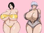 2_girls bedroom_eyes bikini black_eyes black_hair bleach blush breast_expansion butt_expansion earring embarrassed gigantic_ass gigantic_breasts hourglass_figure isane_kotetsu milf momiji_(artist) purple_eyes purple_hair retsu_unohana sexy_ass sexy_body sexy_breasts smile take_your_pick