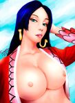 1girl alluring areola arm_up artist_name big_breasts blue_eyes boa_hancock breasts dark_hair earrings exposed_breasts fadart long_hair looking_at_viewer mostly_nude nipples one_piece open_robe robe sexy slut stomach