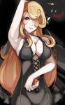 1girl armpits bad_id blonde_hair breasts cleavage cynthia dress female garchomp gym_leader hair_over_one_eye holding holding_poke_ball large_breasts long_hair nintendo poke_ball pokemon pokemon_(game) pokemon_dppt shirona_(pokemon) smile solo tetsubuta very_long_hair