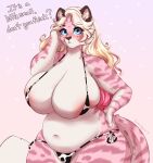  1girl 1girl 2021 animal_bikini animal_print anthro areola areola_slip belly big_belly big_breasts bikini blonde_hair blue_eyes breasts clothed clothing cow_bikini cow_print curvy_figure dialogue english_text felid fur furry hair half-length_portrait hand_on_hip high_res huge_breasts inner_ear_fluff long_hair looking_at_viewer mammal marzipan_(spottedtigress) navel overweight overweight_anthro overweight_female pantherine pattern_clothing pattern_swimwear pink_body pink_fur portrait spottedtigress striped_body striped_fur stripes swimwear text thick_thighs tiger tuft voluptuous white_body white_fur wide_hips 