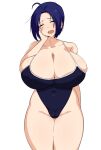 1girl azusa_miura blue_hair breasts cameltoe cleavage closed_eyes female_only hand_on_face huge_breasts idolmaster kumako_(kumakonoh) massive_breasts nipple_bulge short_hair solo_female swimsuit white_background