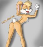 1girl ass bent_over blue_eyes bunny come_hither gloves hair_ribbon lola_bunny looking_at_viewer looking_back looney_tunes nipples nude open_mouth orange_fur presenting presenting_hindquarters pussy pussy_juice rabbit smile space_jam tail yellow_hair