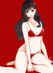 1_girl 1girl arm arm_support arms art artist_request babe bare_legs bare_shoulders big_breasts bikini black_hair breasts brown_hair cleavage female high_heels high_res honita_ayako large_breasts long_hair mouth_hold navel original pocky red_background red_bikini red_eyes red_high_heels red_swimsuit shoes simple_background sitting smile solo swimsuit