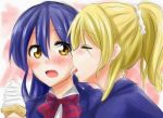 2girls art artist_request ayase_eli blonde blonde_hair blue_hair blush bowtie closed_eyes female food friends hair ice_cream licking long_hair love_live!_school_idol_project multiple_girls ponytail school_uniform scrunchie short_hair sonoda_umi tongue yuri