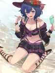 1girl 1girl 1girl :d absurd_res alluring alternate_costume alternate_eye_color beach bikini bikini_skirt black_bikini black_swimsuit blue_eyes blue_hair blush breasts cleavage coat collarbone commission cup eating female_only fire_emblem fire_emblem_awakening flower food front-tie_bikini front-tie_top gladiator_sandals hat hibiscus high_res holding holding_cup ice_cream kneel layered_bikini looking_at_viewer medium_breasts morgan_(fire_emblem) morgan_(fire_emblem)_(female) navel nintendo ocean open_mouth purple_bikini purple_swimsuit ritence sandals short_hair smile spoon sun_hat swimsuit two-tone_bikini wet