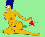  breasts green_background homerjysimpson looking_at_viewer marge_simpson nipples outdoors pussy reclining red_panties the_simpsons yellow_skin 