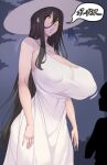  1boy 1girl big_breasts black_hair breasts cleavage dark_hair dress female_focus ghost ghost_girl hair_between_eyes hasshaku-sama hat huge_ass huge_breasts japanese japanese_text larger_female long_hair male metal_owl nipple_bulge pale_skin silhouette speech_bubble sun_hat sundress tall taller_female taller_girl yellow_eyes 