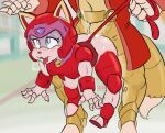  1boy 1girl ahegao ambiguous_penetration armor blue_eyes clothed_sex domestic_cat drooling feline furry helmet interspecies japanese_clothes jingle_bell long_tail outdoor_sex pink_fur polly_esther samurai_pizza_cats size_difference suspended_in_midair tail_pull tongue_out 