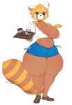 1girl 1girl 2019 aggressive_retsuko ailurid anthro areola beverage big_breasts bottomwear breasts cherrikissu clothed clothing digital_media_(artwork) footwear furry high_res holding_object mammal nipples one_breast_out red_panda retsuko sanrio shirt shoes simple_background skirt slightly_chubby thick_thighs topwear torn_clothing tray wardrobe_malfunction white_background wide_hips