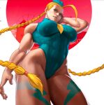 1girl abs ahoge arms beret biceps big_breasts blonde blue_eyes braid breasts british cammy_white capcom caucasian clothed curvy from_below hand_on_cheek highleg_leotard legs leotard long_hair looking_at_viewer muscle muscular_female muscular_thighs scar sexy skin_tight slut standing street_fighter tattoo thick_thighs twin_braids wide_hips x3