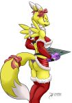 2014 anthro arashidrgn ass namco big_breasts blue_eyes breasts chest_tuft christmas clothing digimon female fur furry gingerbread holidays mammal panties plain_background renamon tuft underwear