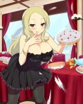 1_girl arm arms art big_breasts black_dress blonde blonde_hair blush bracelet breasts cake dress female flower food jewelry long_hair looking_at_viewer red_eyes senran_kagura shiki_(senran_kagura) smile solo standing stockings strapless strapless_dress table tongue yaegashi_nan