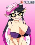  1girl abstract_background bikini callie_(splatoon) curvy_figure earrings hourglass_figure inkling light-skinned_female looking_at_viewer nintendo patreon pink_background pink_theme purple_bra raydonxd sitting splatoon splatoon_(series) squid_girl underboob video_game_character video_games 