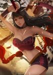  1girl art bare_shoulders big_breasts black_eyes black_hair breasts choker cleavage collarbone female hibana kunoichi_(game) lips long_hair magion02 midriff navel nightshade_(game) ninja solo strapless sword tubetop weapon 