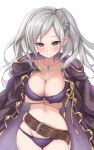 1girl 1girl alluring arms_under_breasts belt big_breasts bikini blush breasts brown_belt brown_eyes brown_gloves cleavage closed_mouth coat coat_on_shoulders cowboy_shot crossed_arms fire_emblem fire_emblem_awakening fire_emblem_heroes gloves grey_hair high_res jewelry long_hair necklace nintendo o-ring o-ring_bikini official_alternate_costume okazu2010015 purple_bikini robin_(fire_emblem) robin_(fire_emblem)_(female) robin_(summer)_(fire_emblem)_(female) swimsuit twin_tails white_background