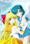 2_girls 2girls absurd_res absurdres aino_minako ami_mizuno arm arms babe bare_legs bishoujo_senshi_sailor_moon blonde blonde_hair blue_eyes blue_hair blue_skirt bow choker dress earrings elbow_gloves female friends gloves hair_bow hair_ribbon half_updo heart high_res highres hug hugging jewelry legs long_hair looking_at_viewer looking_back love magical_girl minako_aino mizuno_ami multiple_girls mutual_yuri neck necklace orange_skirt prophet5 ribbon sailor_mercury sailor_senshi sailor_venus school_uniform serafuku short_hair skirt smile super_sailor_mercury super_sailor_venus tiara white_gloves yuri