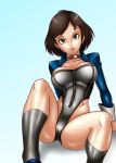  1girl bioshock bioshock_infinite blue_background breasts brown_hair cameltoe choker deadmoon deadmoon_(kein2002) earrings elizabeth elizabeth_(bioshock_infinite) female gradient gradient_background green_eyes jewelry legs shiny shiny_clothes shiny_skin short_hair solo 