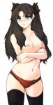 black_hair black_hair_ornament black_hair_ribbon black_ribbon blush breasts crossed_arms fate/stay_night fate_(series) hair_ornament hair_ribbon high_resolution navel nipples panties parted_lips red_panties ribbon stockings tied_hair tohsaka_rin topless tridisart twin_tails underwear